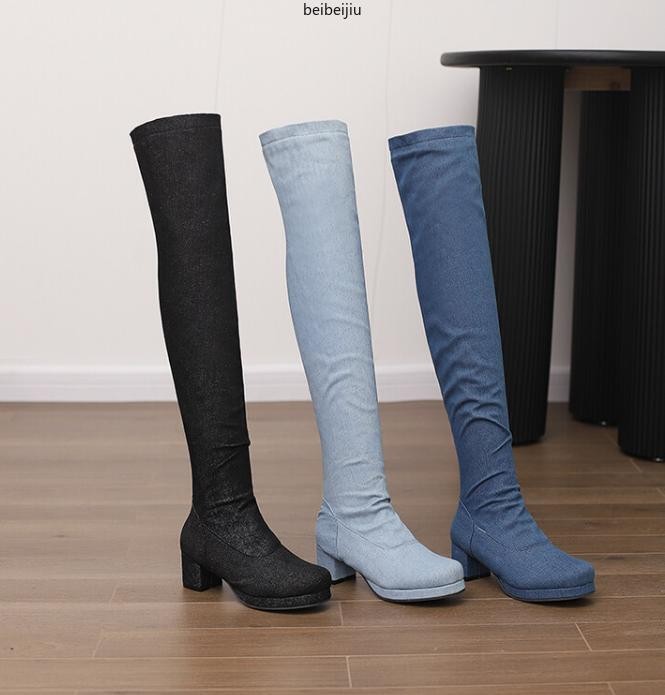 Womens Cowboy Over The Knee High Boots Denim Jean Round Toe Mid Block Heel Shoes