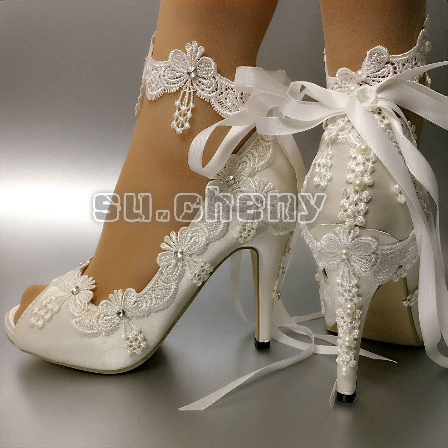 su.cheny Ribbon anklet white ivory satin open toe heel Wedding Bridal shoes size
