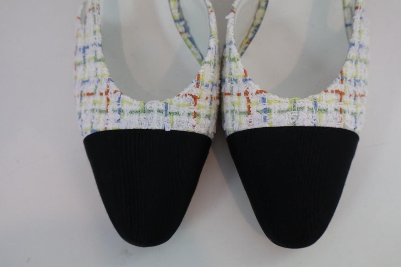 CHANEL White Multicolor Tweed/Black Grosgrain Cap Toe Slingbacks 38.5/US 8.5