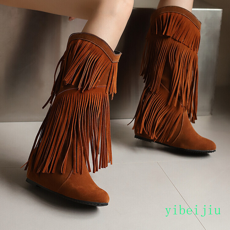 Women’s Mid Hidden Wedge Heels Knee High Boots Suede Tassel Shoes Bohemia Ethnic