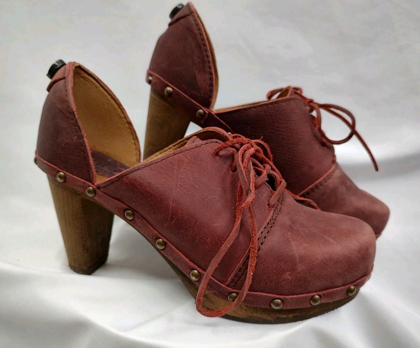 Sanita Theodora Clog Heels Leather Boho Hippie Wood Platform 3″ Heel Sz 36 US 6