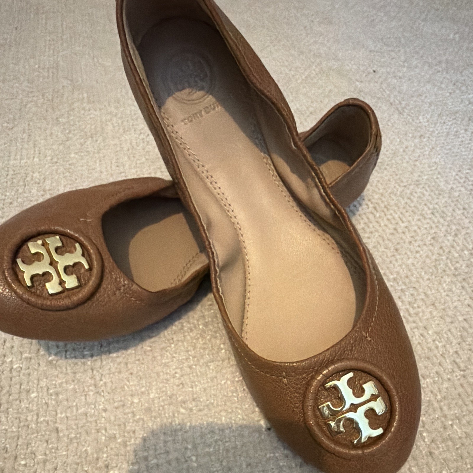 Tory Burch Leather Ballet Flats Brown/Gold Logo Round Toe Slip-On Women’s