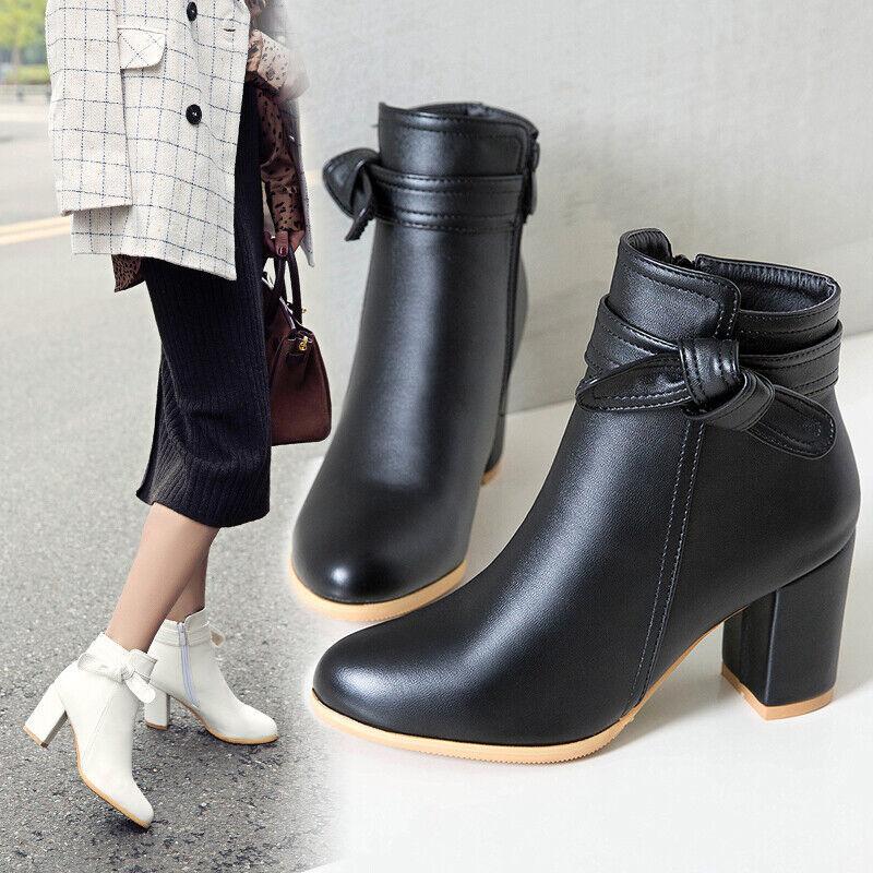 Womens Sweet Bowknot Round Toe Mid Block Heel Ankle Boots Mary Jane Roman Shoe