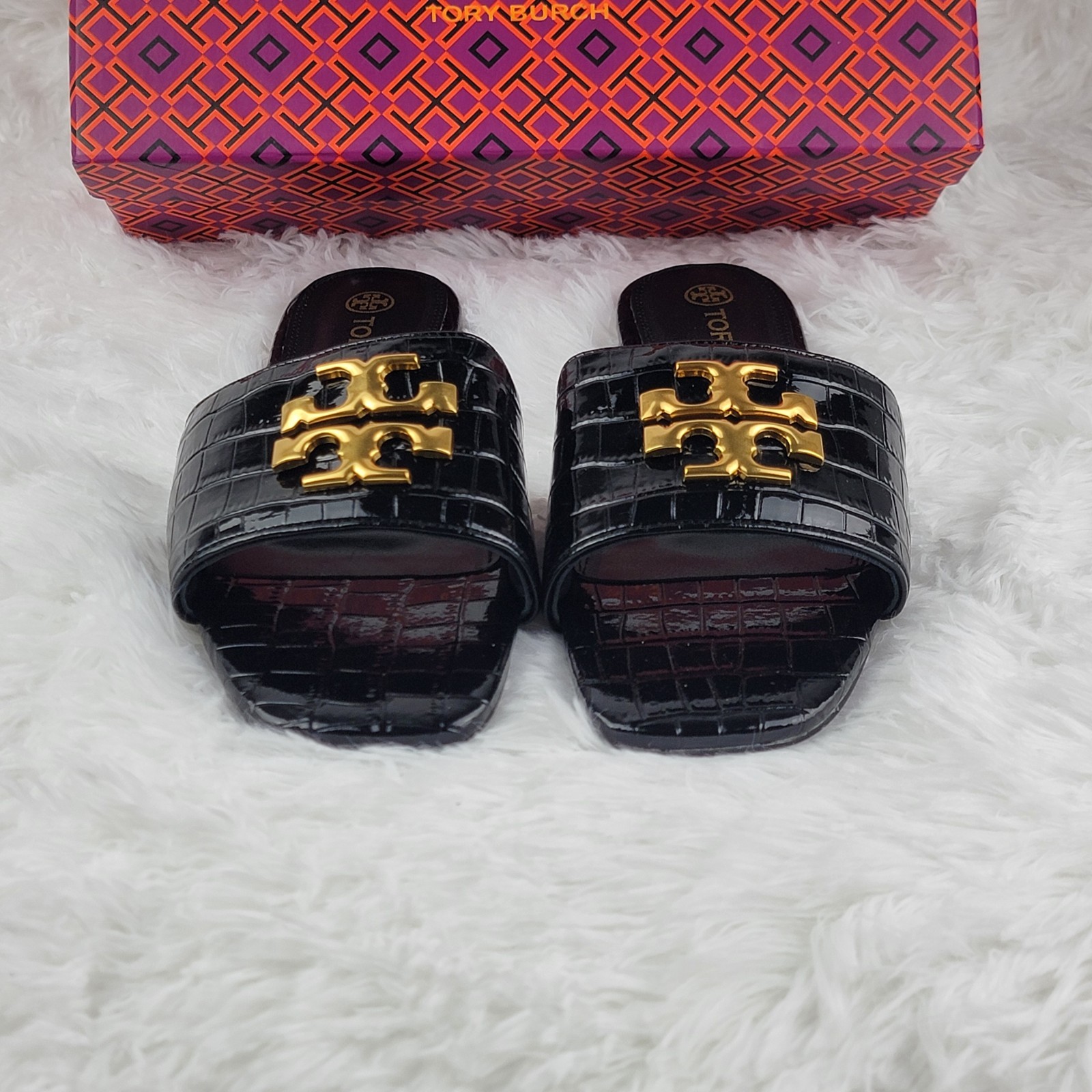 Tory Burch Eleanor Size 8 39 Sandals Black Leather Croc Gold Logo Slides New Box
