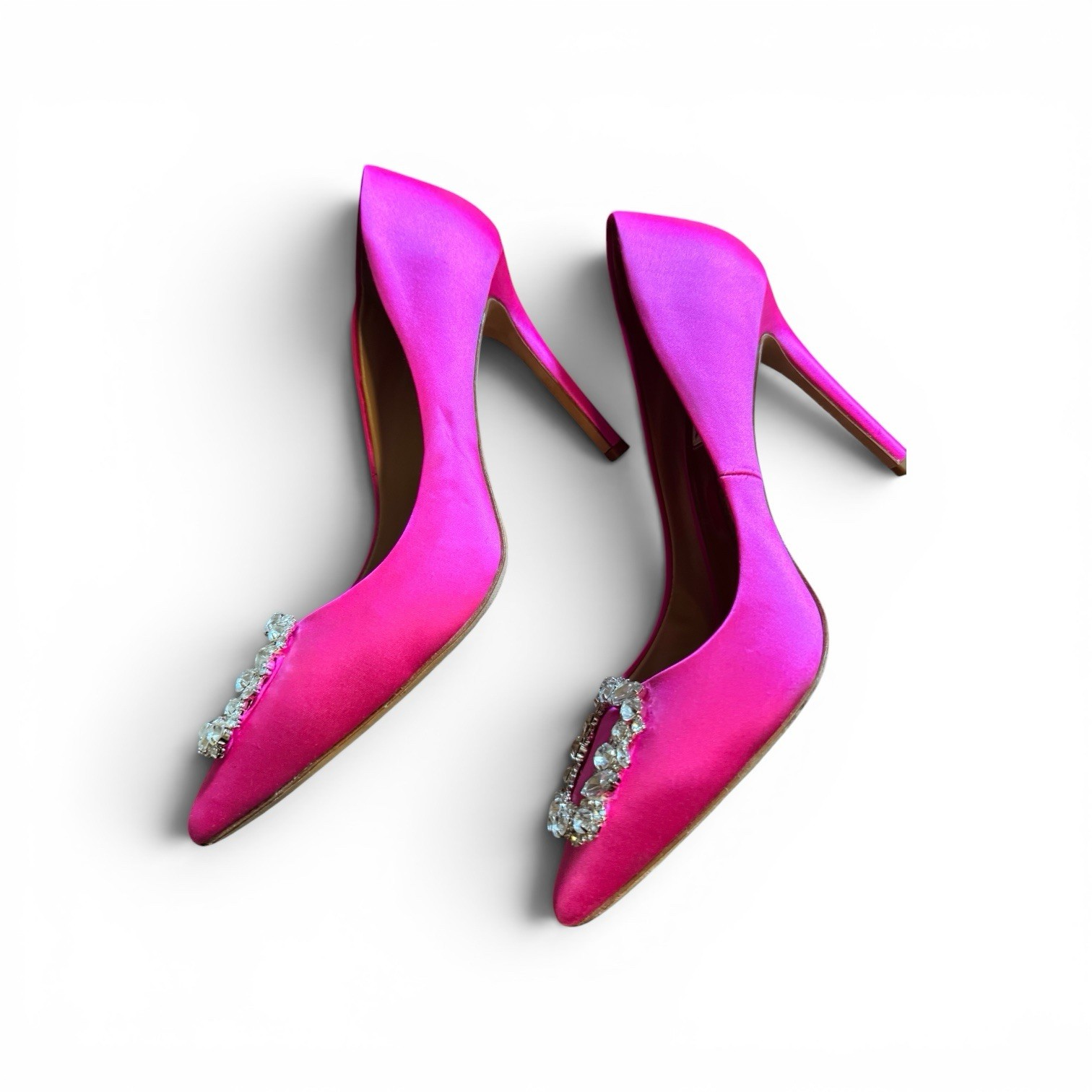Badgley Mischka satin crystal-buckle pumps in a hot pink/fuchsia satin.