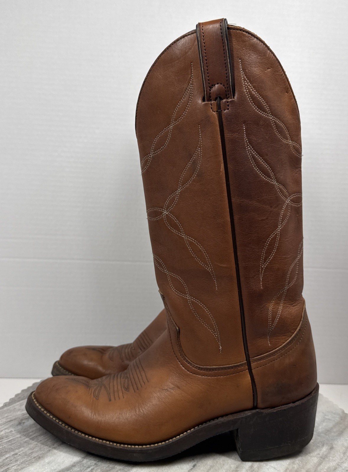 VTG Wm’s Wrangler Dark Tan Leather Roper Cowboy Boots 6.5 D Goodyear Soles USA