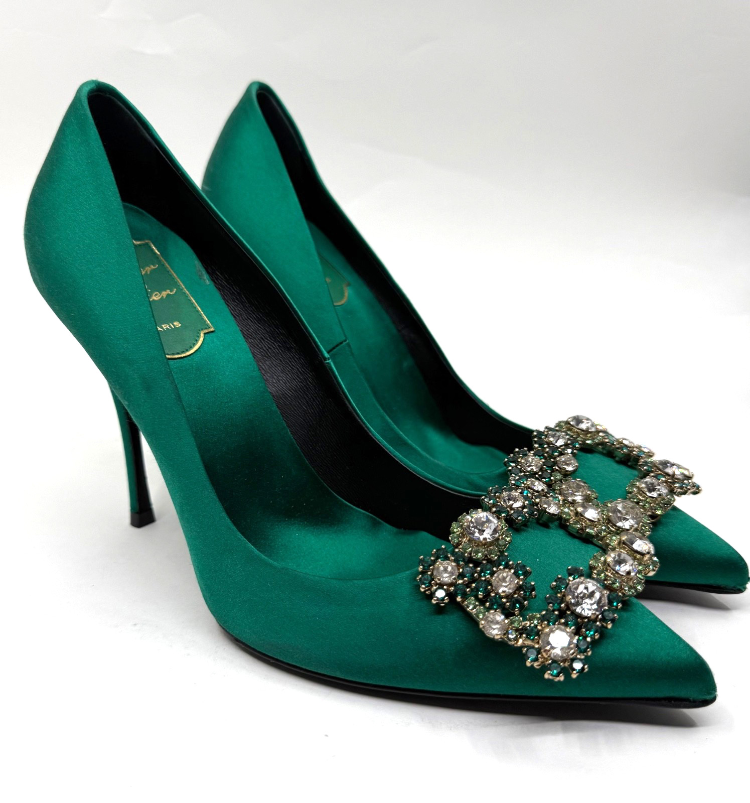 ROGER VIVIER Emerald Satin Flower Strass Decolleté Crystal Buckle Pump size 37.5