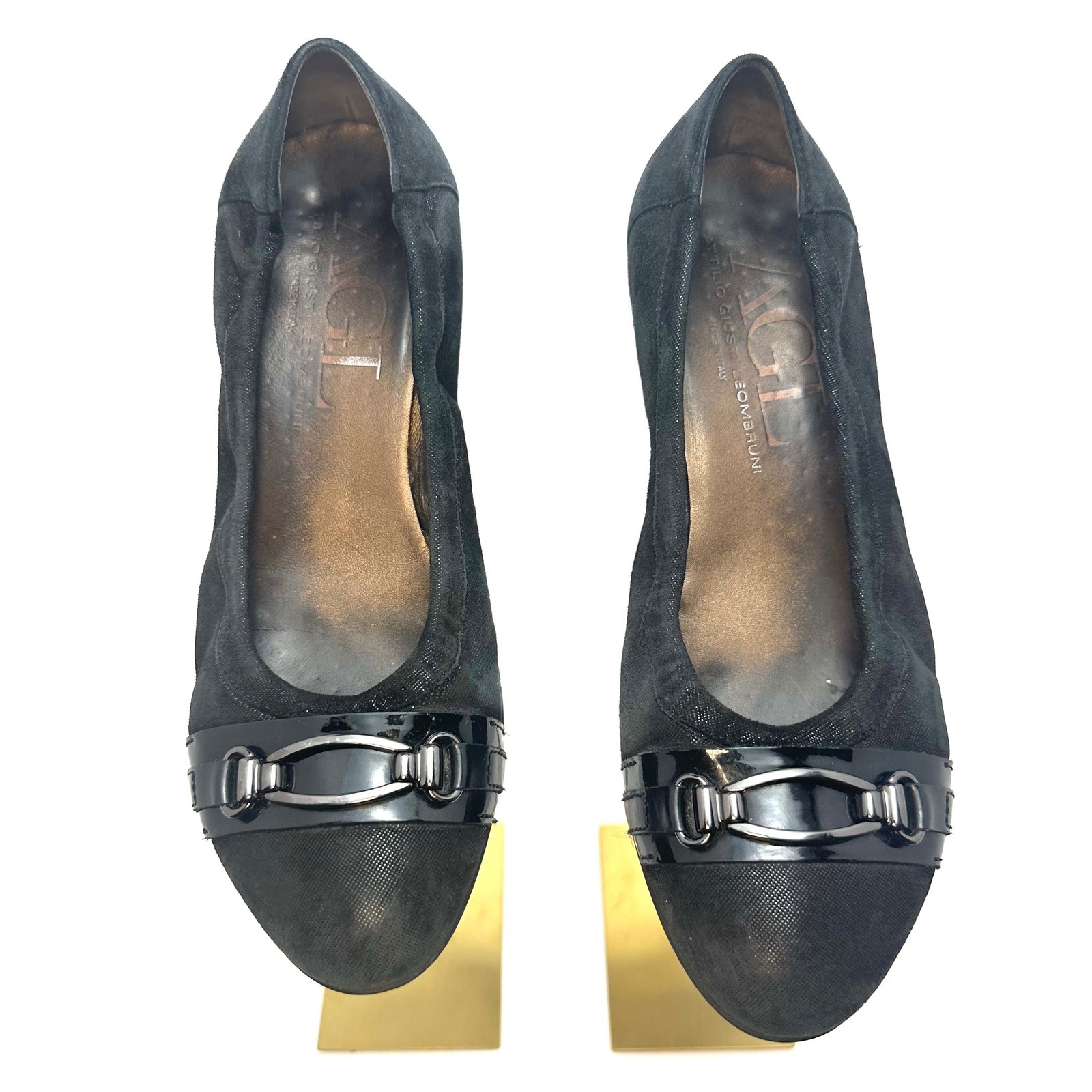 AGL Attilio Giusti Leombruni Black Suede Fabric Wedge Pumps Buckle Italy 40.5