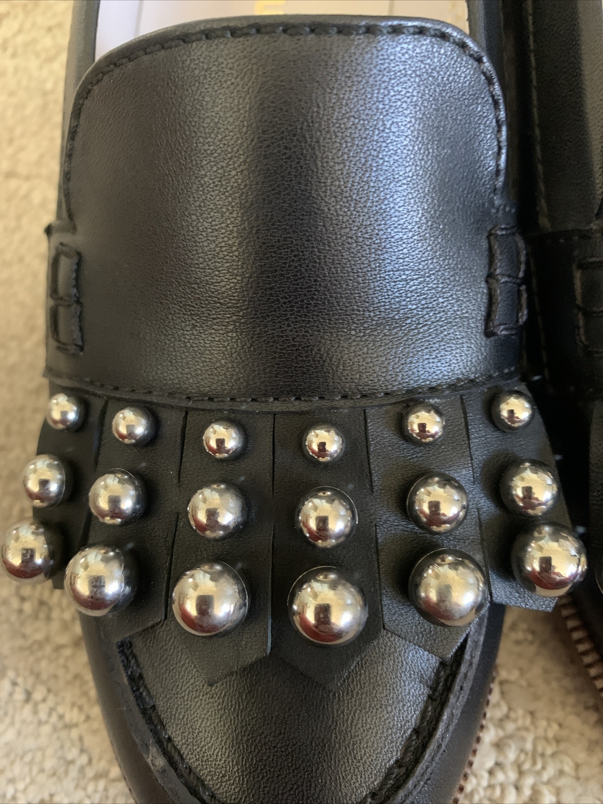 Avril Gau Black Leather Silver Beaded Tassel Penny Loafer Moccasin Size 38 US 8