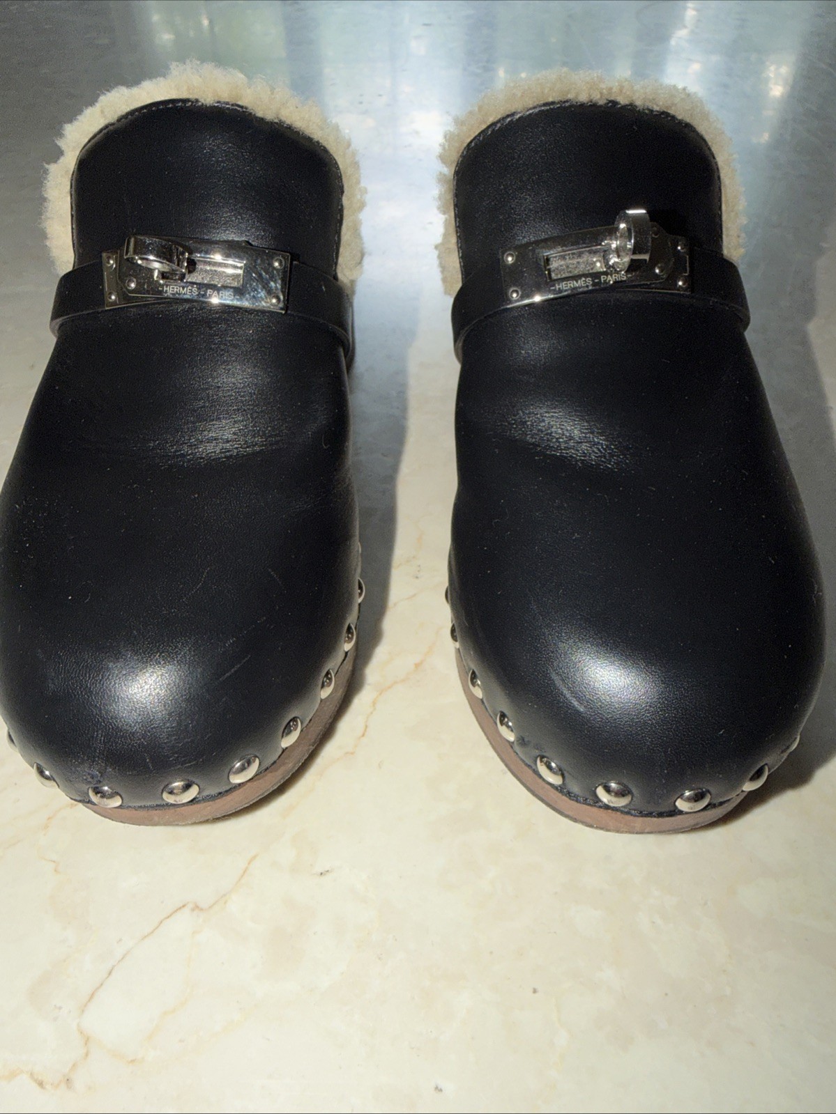 Hermes Carlotta Mule Black Leather Kelly Lock Shearling Fur Clog Slide Women’s 5