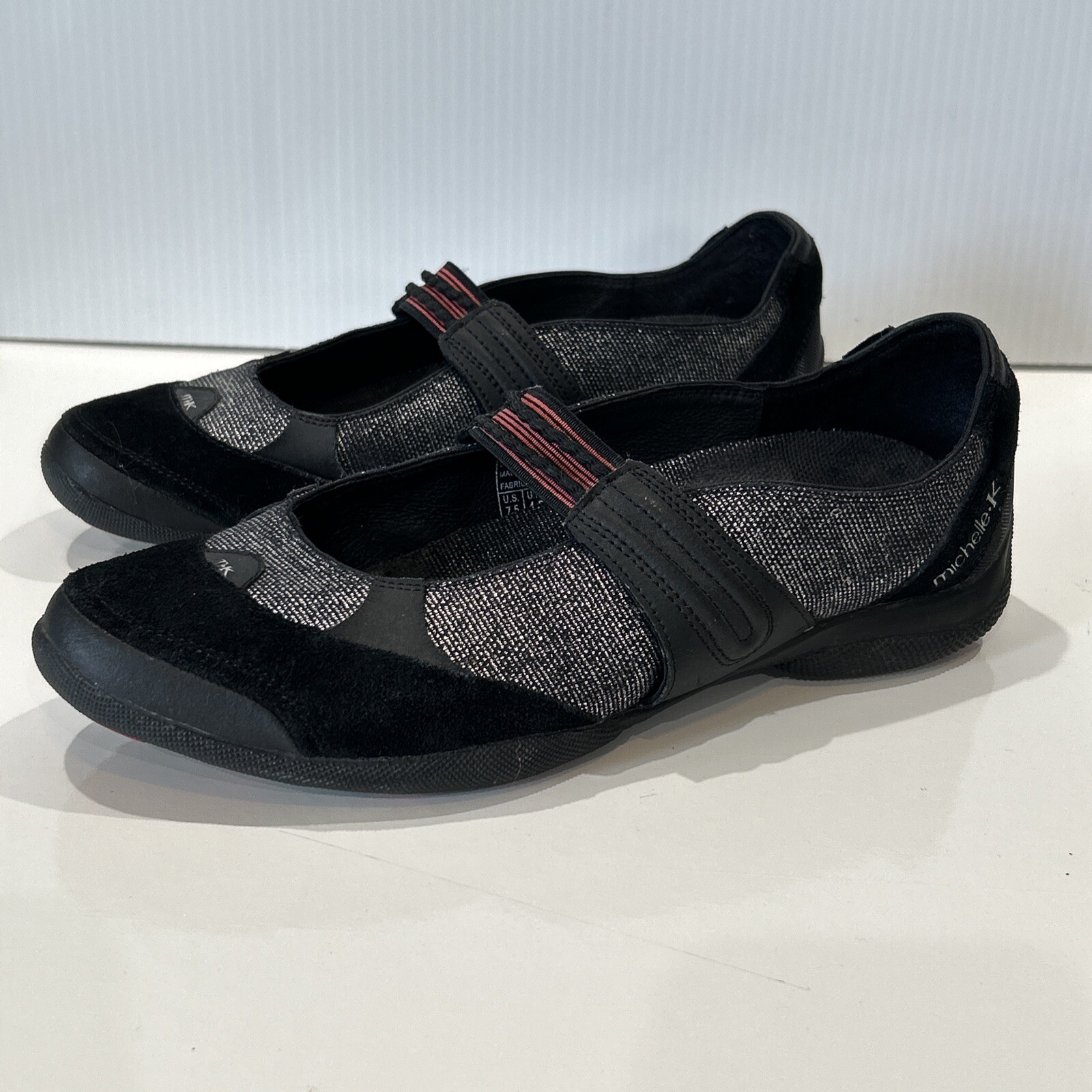 Michelle K Black Suede & Metallic Gray Textile Flat Slip On Shoes Women’s 7.5