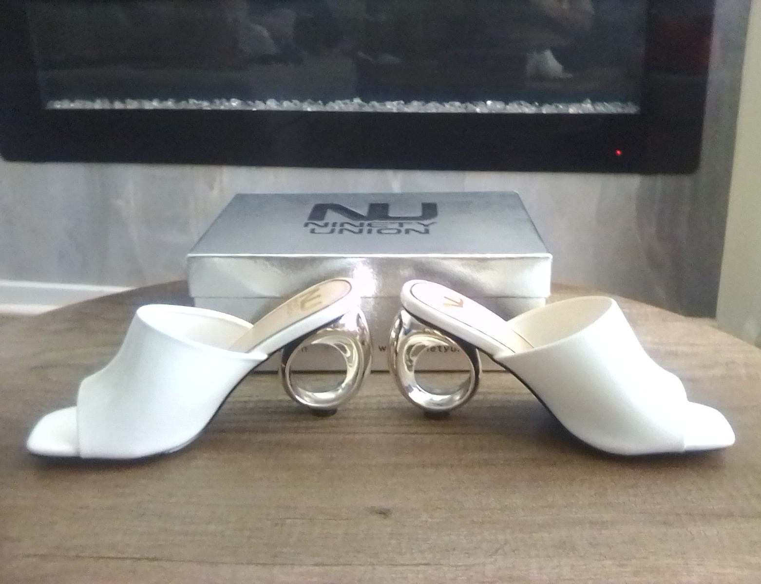 Ninety Union Women’s White Patent Leather Slip-On Open Toe Mule Heels