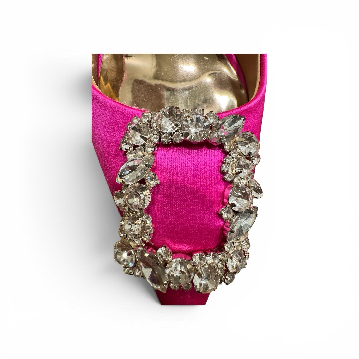 Badgley Mischka satin crystal-buckle pumps in a hot pink/fuchsia satin.