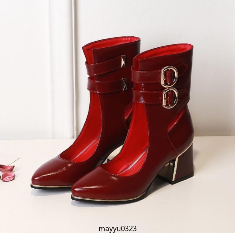 Womens Pointy Toe Mid Block Heel Sandals Hollow Out Buckle Ankle Boots Oversize