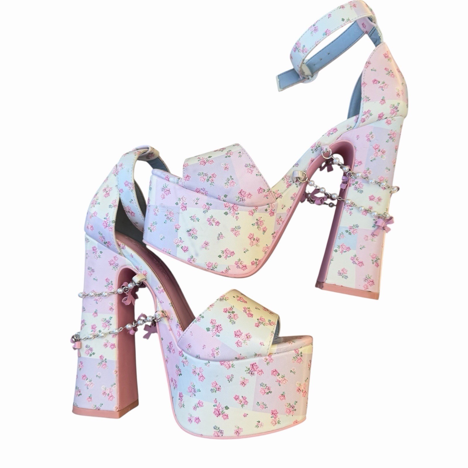 Dolls kill sugar thrillz patchwork pink floral revelation platform heels Size 6