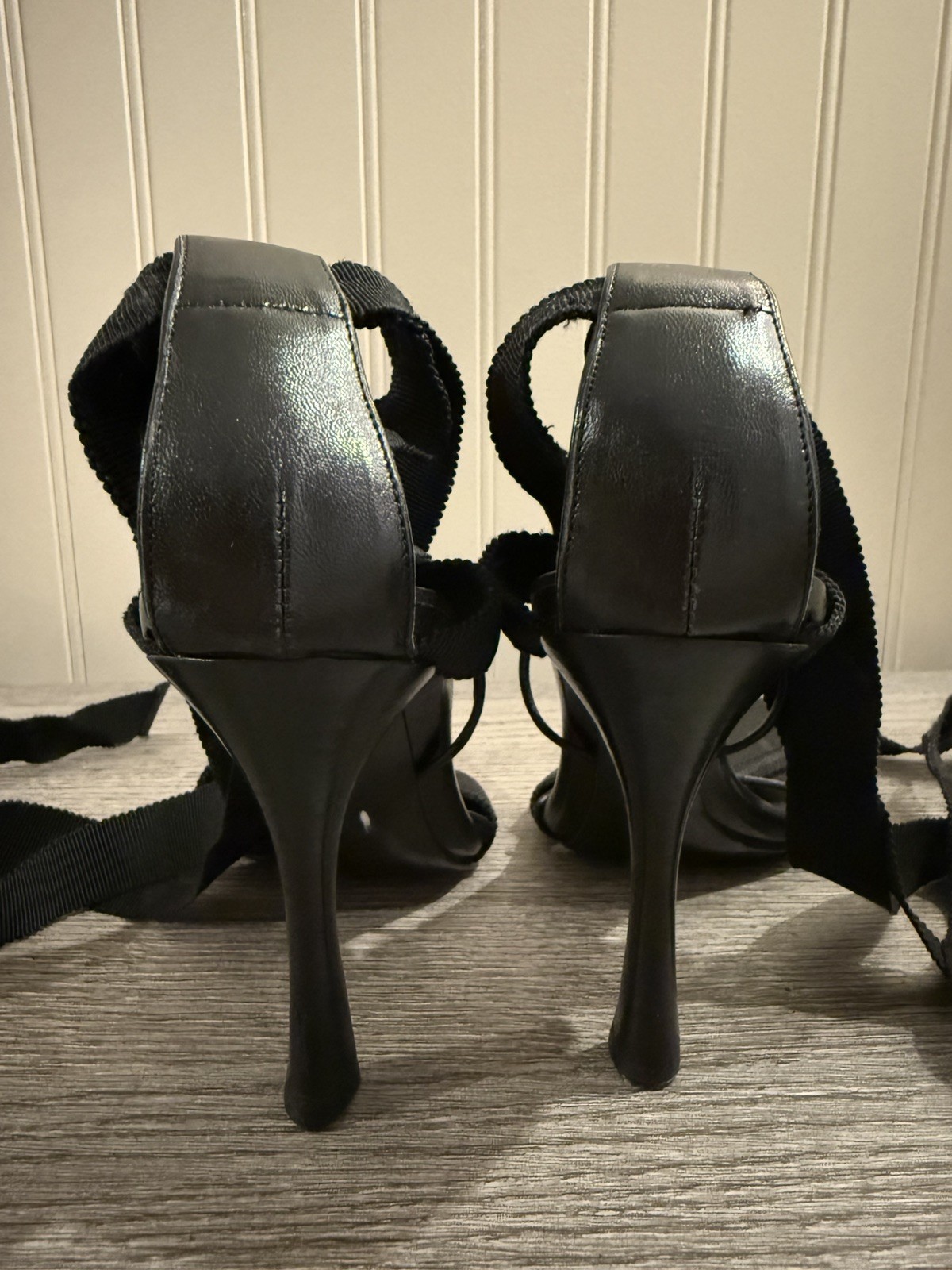 Authentic Gucci Tom Ford Black Ribbon Lace Up Heels Sandals 5.5B Made in Italy