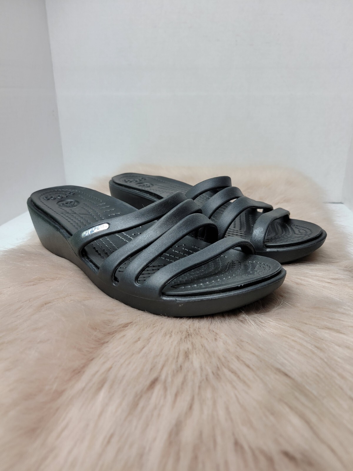 Crocs Black Rhonda Strappy Wedge Slides Sandals Womens Shoes Size 11 Comfort