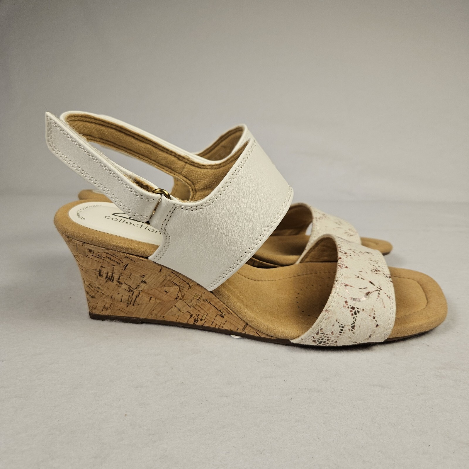Clarks Leather Sandals Womens 9.5 Kyarra Faye Cork Wedge Heel White Floral NEW