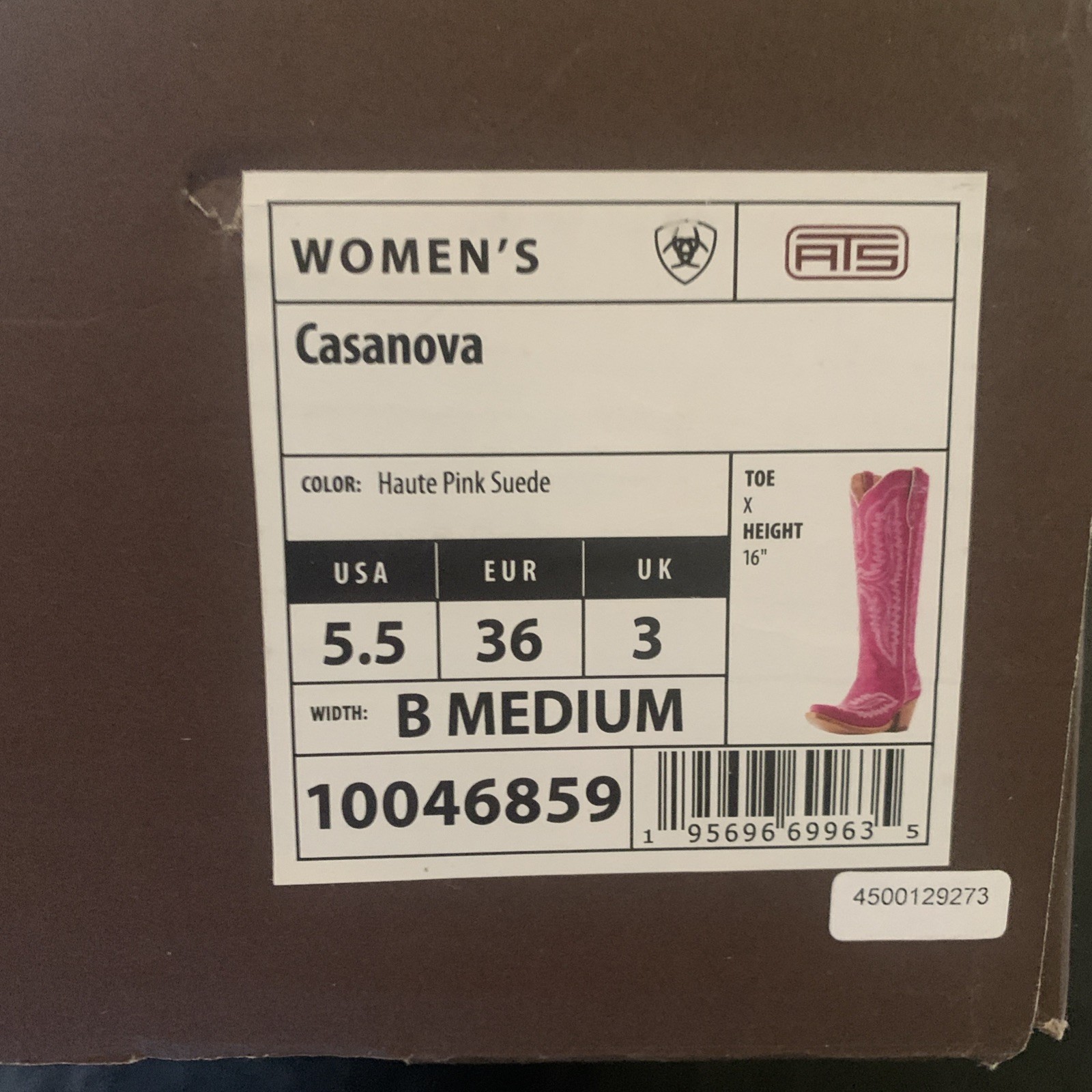 Cowgirl boots Pink Ariat Casanova size 5.5 New In Box Toe X Height 16”