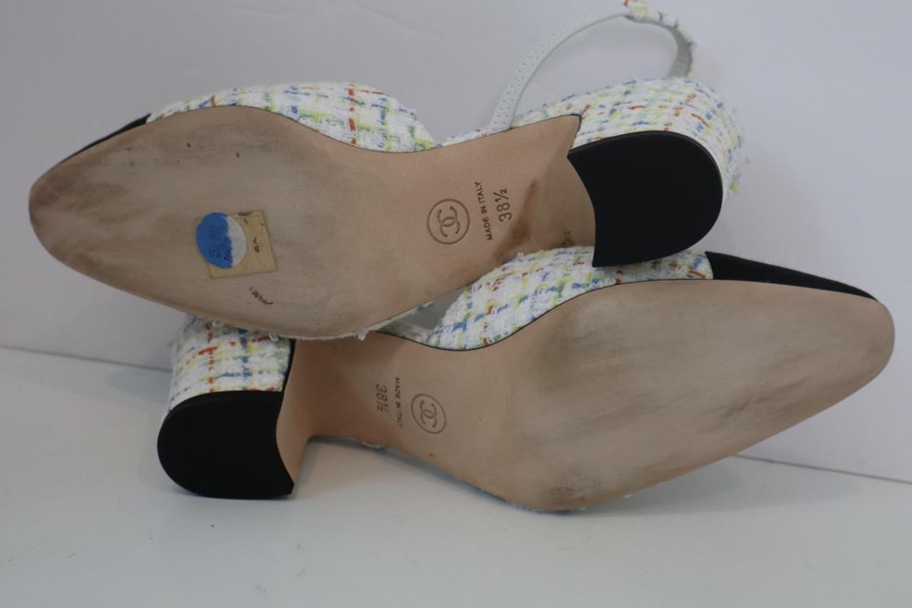 CHANEL White Multicolor Tweed/Black Grosgrain Cap Toe Slingbacks 38.5/US 8.5