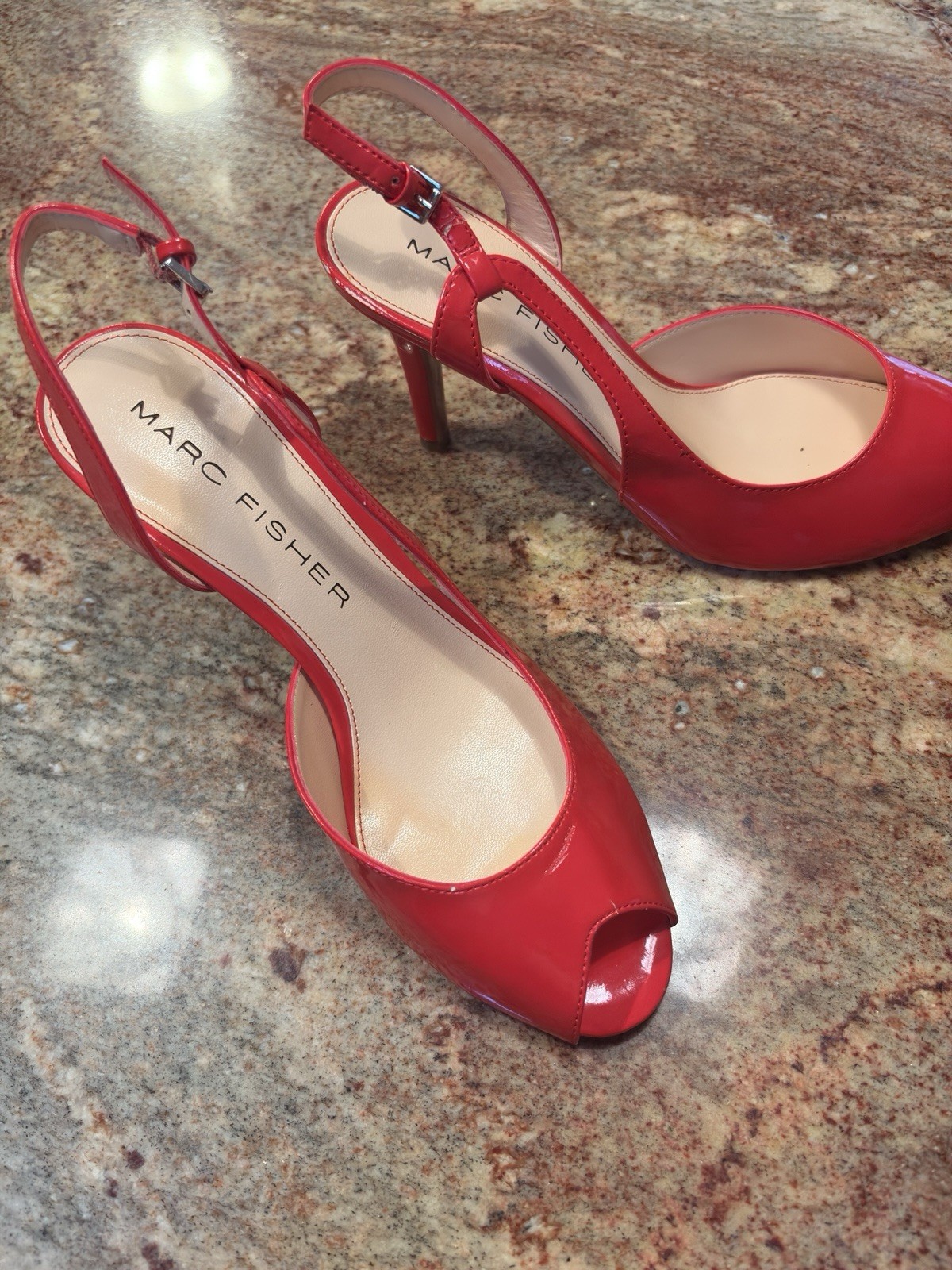 Marc Fisher Red Patent Peep Toe Heels Women’s Size 8 Party Luxury Glam Elegant