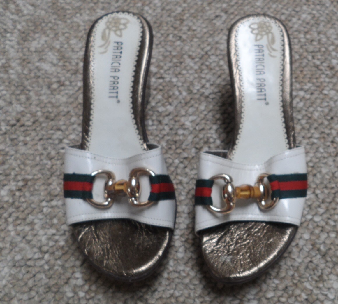 Patricia Pratt White Gold & Brown Platform Wedge Heel Slides. Size 8