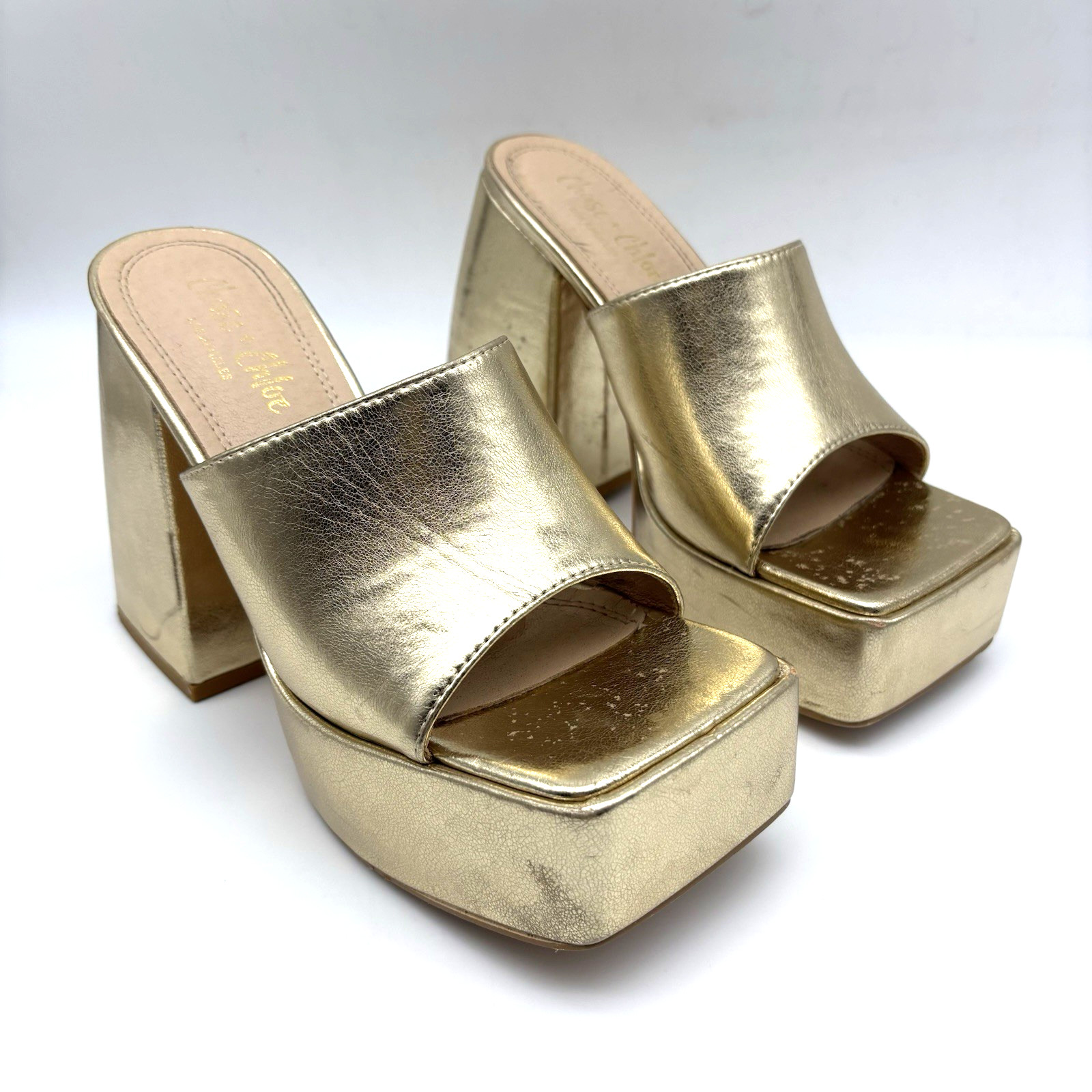 Chase + Chloe DREW-1 Metallic Gold Block Heel Square Toe Platform Mules 8