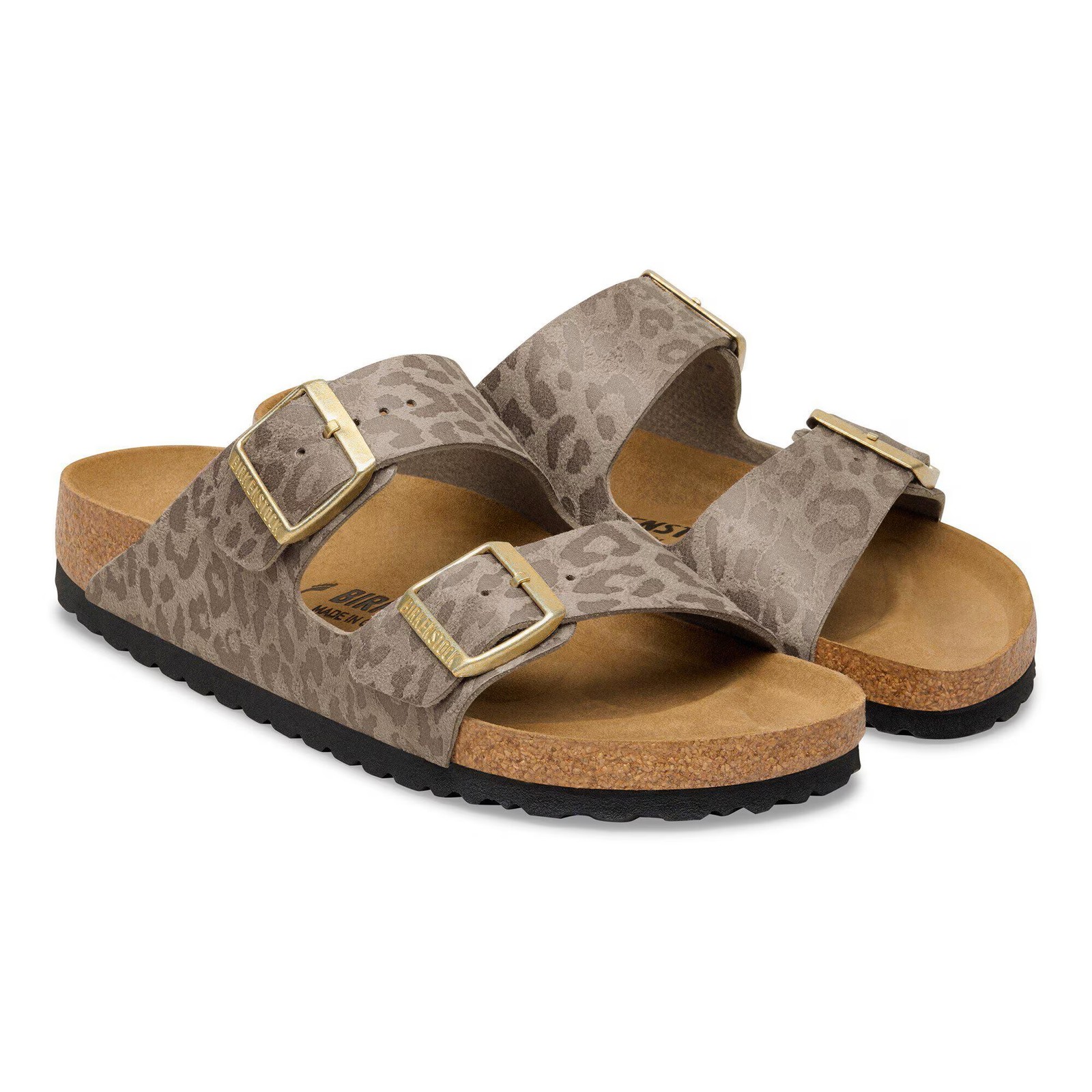 BIRKENSTOCK ARIZONA LEO GRAY TAUPE MEDIUM/NARROW WIDTH SLIDE SANDALS