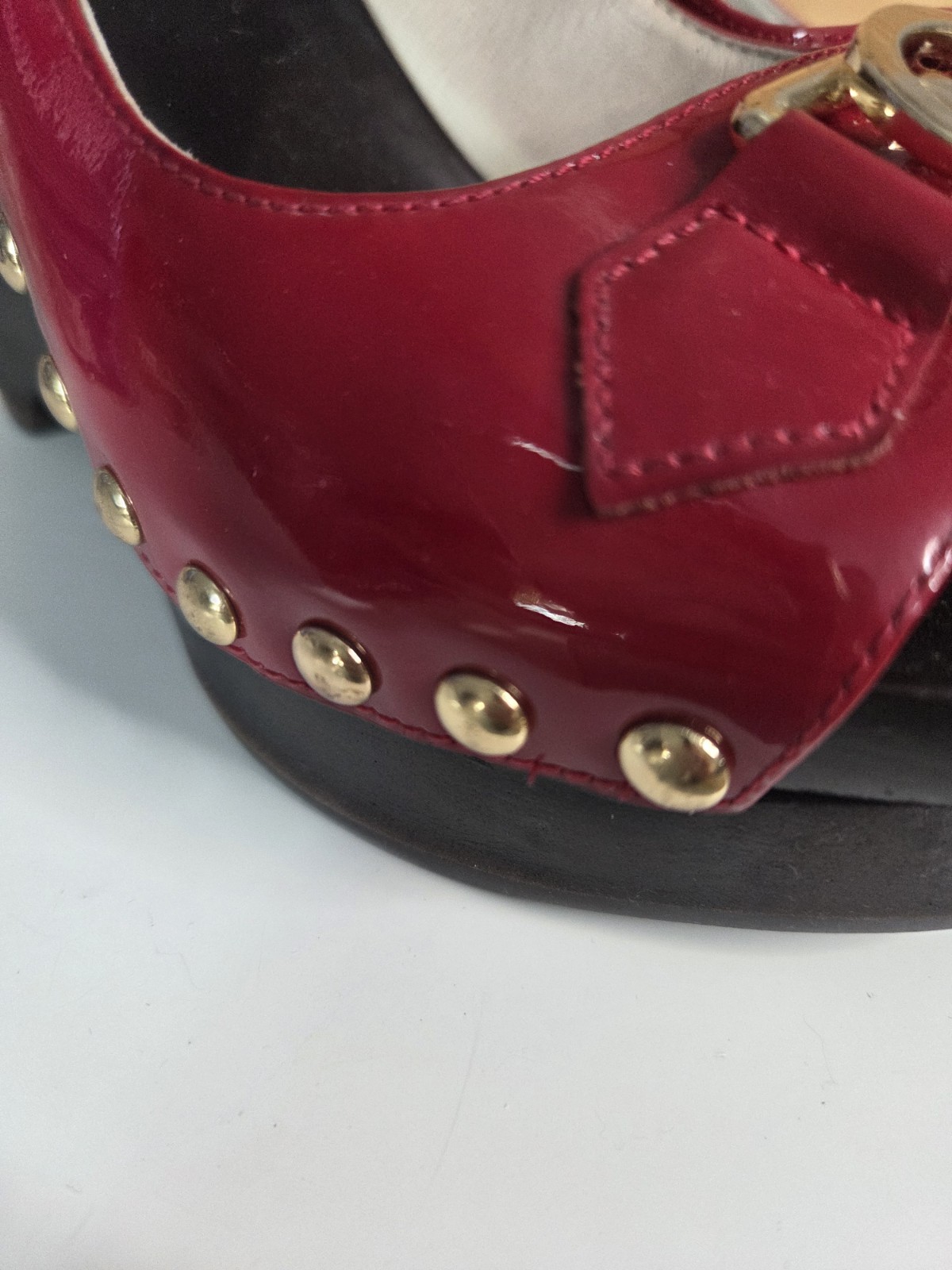 Michael Kors Red Patent Leather Platform Wedge Sandals Gold MK Logo Studded 8.5M