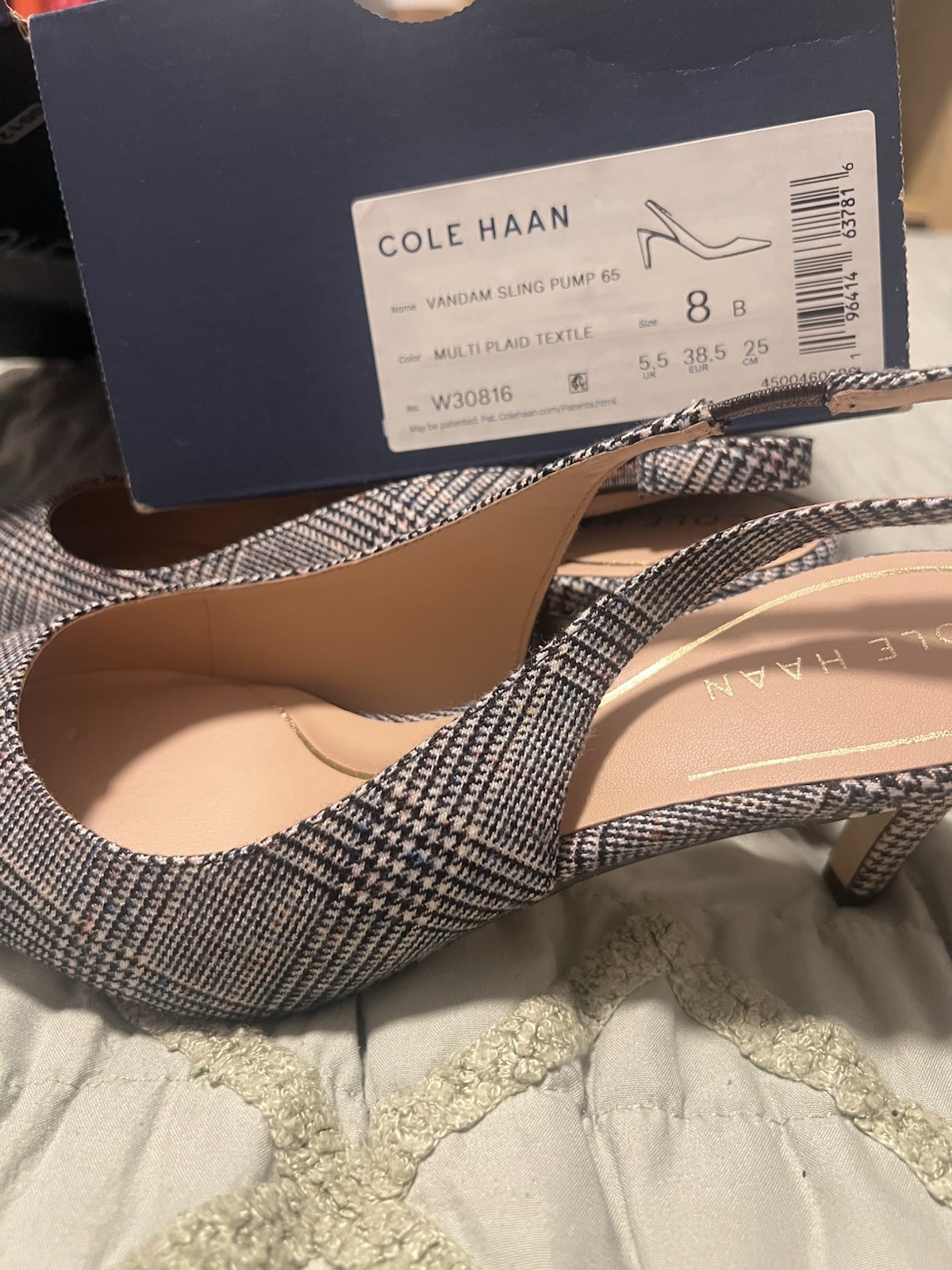 Cole Haan Women’s Plaid Textile Pointed Toe Stiletto Slingback Heels 8B