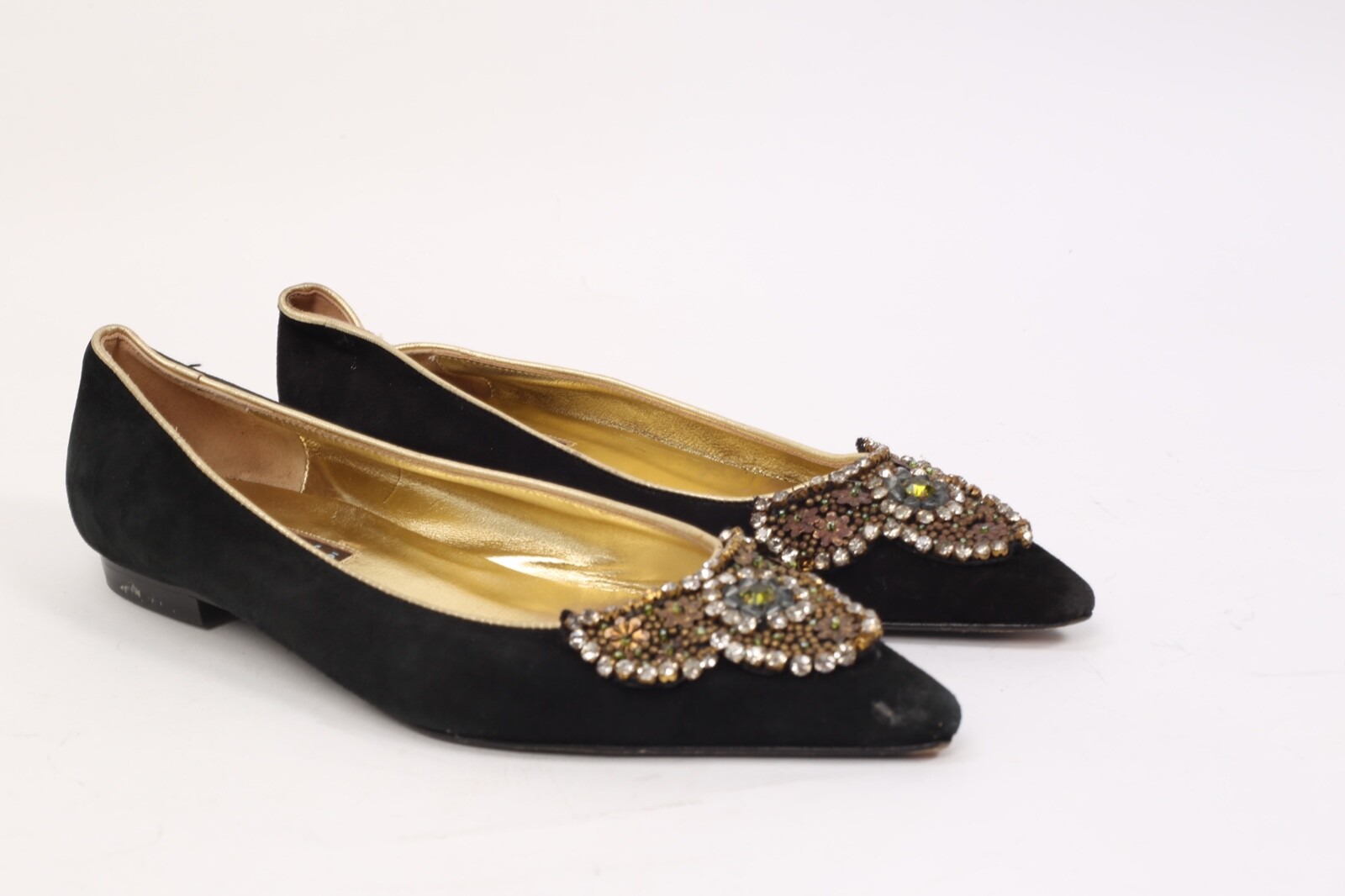Vintage Rafe Brown Suede Beaded Rhinestone Pointed Toe Flats Boho Evening 38