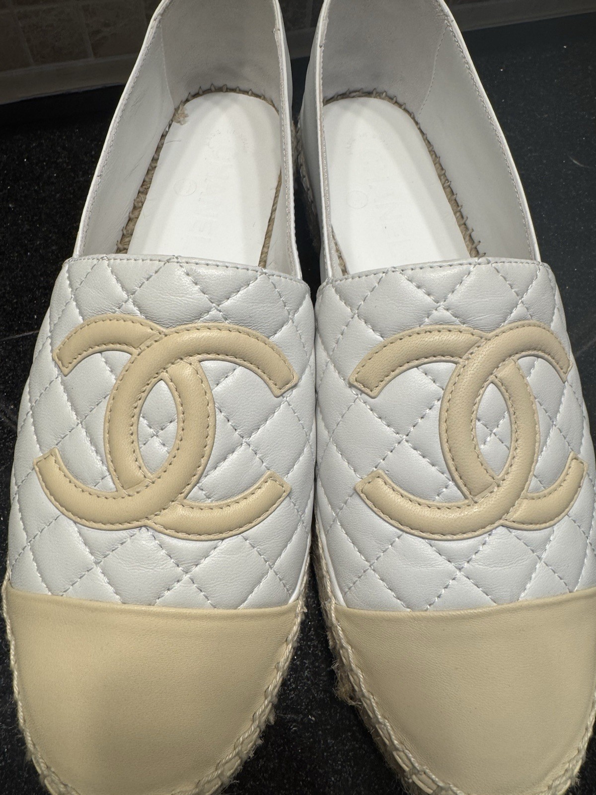 CHANEL Quilted CC Logo Slip-On Espadrille Flats White/Beige US 10 Std