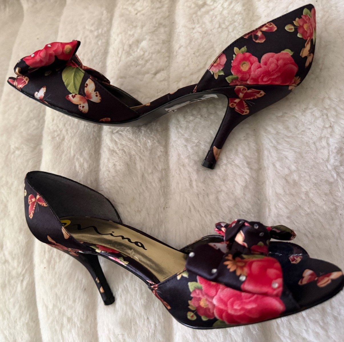 NINA SIZE 9 Floral Multicolor Satin Covered Heel Open Toe Rhinestone Bow D’Orsay
