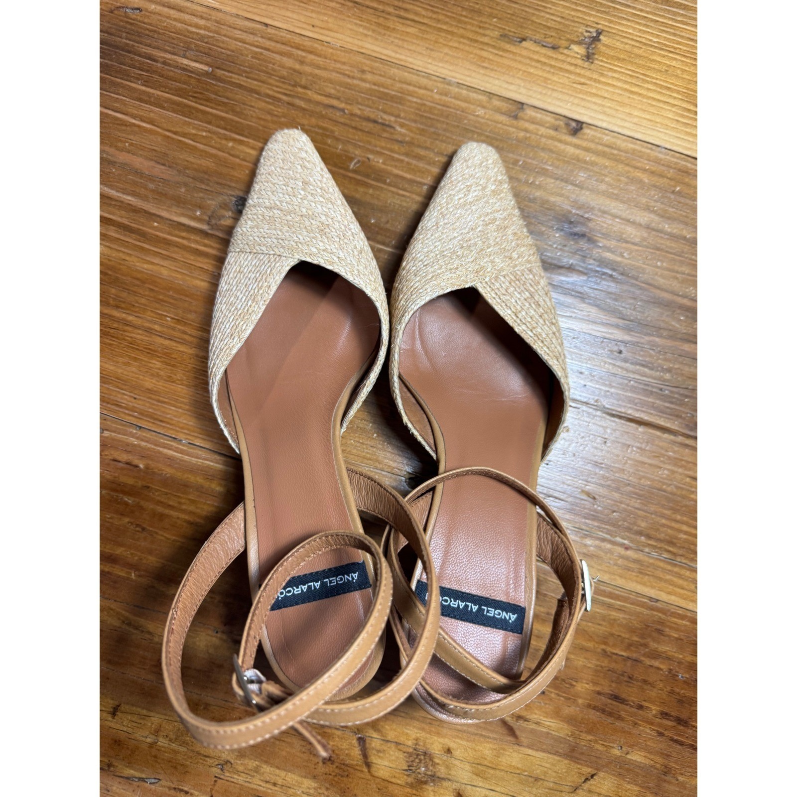 ANGEL ALARCON Helen Raffia Woven Slingback Heels Tan Leather Ankle Strap Size 39