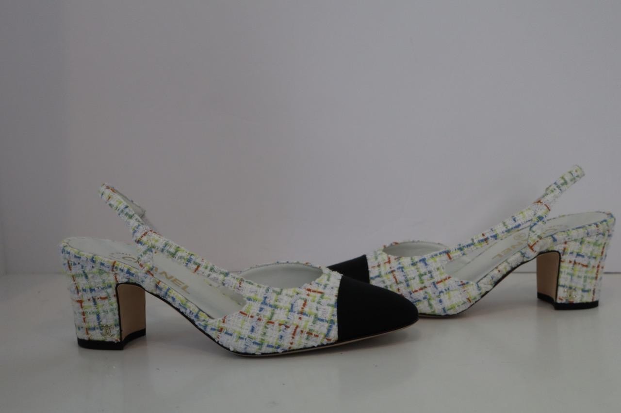 CHANEL White Multicolor Tweed/Black Grosgrain Cap Toe Slingbacks 38.5/US 8.5