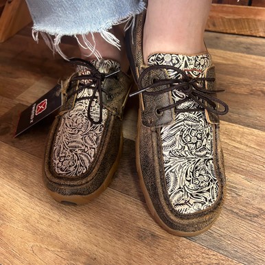 Twisted X Women’s Brown and Floral Embossed Boat Shoe Driving Moc SMUWDM53