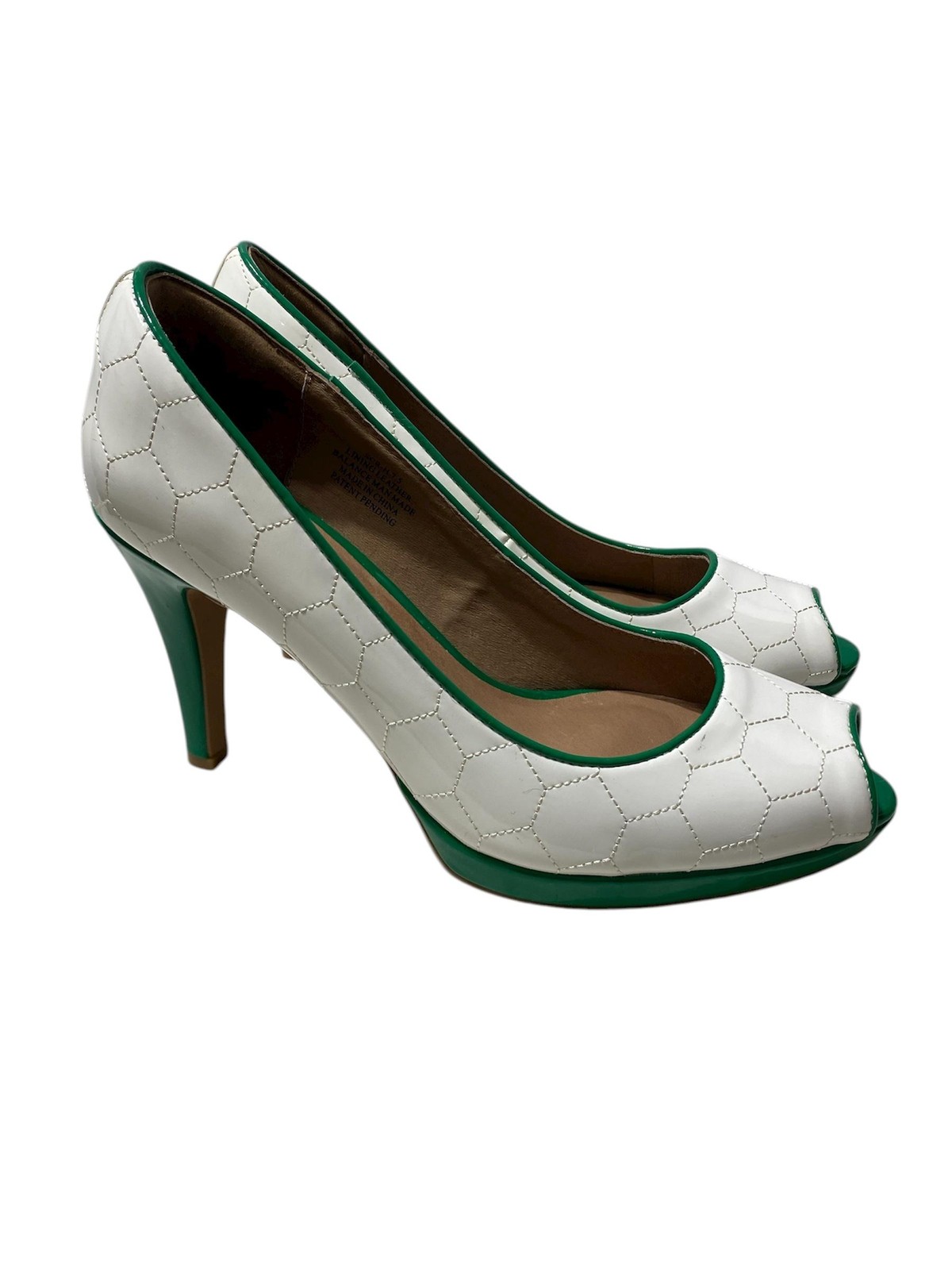 Charis & Doxa Heels Womens Size 7.5 White Soccer Stitch Striker Green Peep Toe