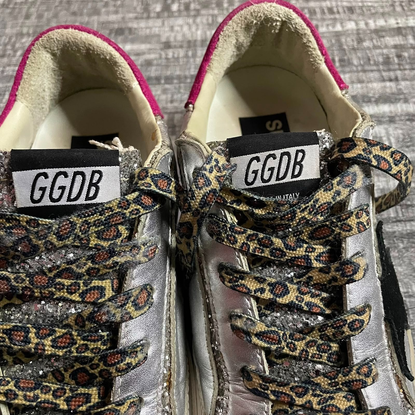 GOLDEN GOOSE SUPERSTAR SILVER GLITTER BLACK STAR PINK HEEL LEOPARD LACES EU 38