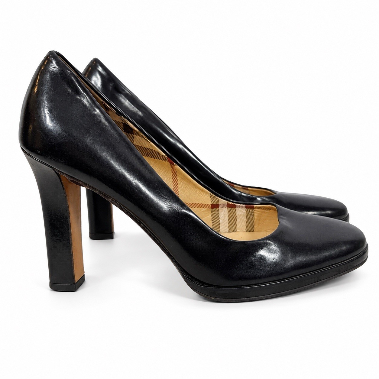 Burberry Black Patent Leather Pumps Heels Women’s US 7.5 Nova Check Lined Italy