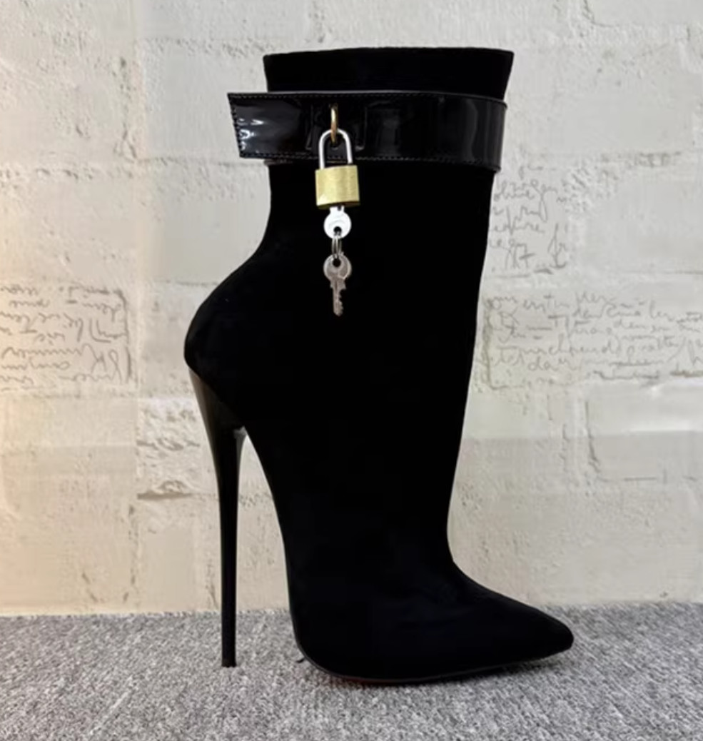 Womens Lock 16cm High Stiletto Heels Sexy Pointed Toe Metal Ankle Boots Shoes