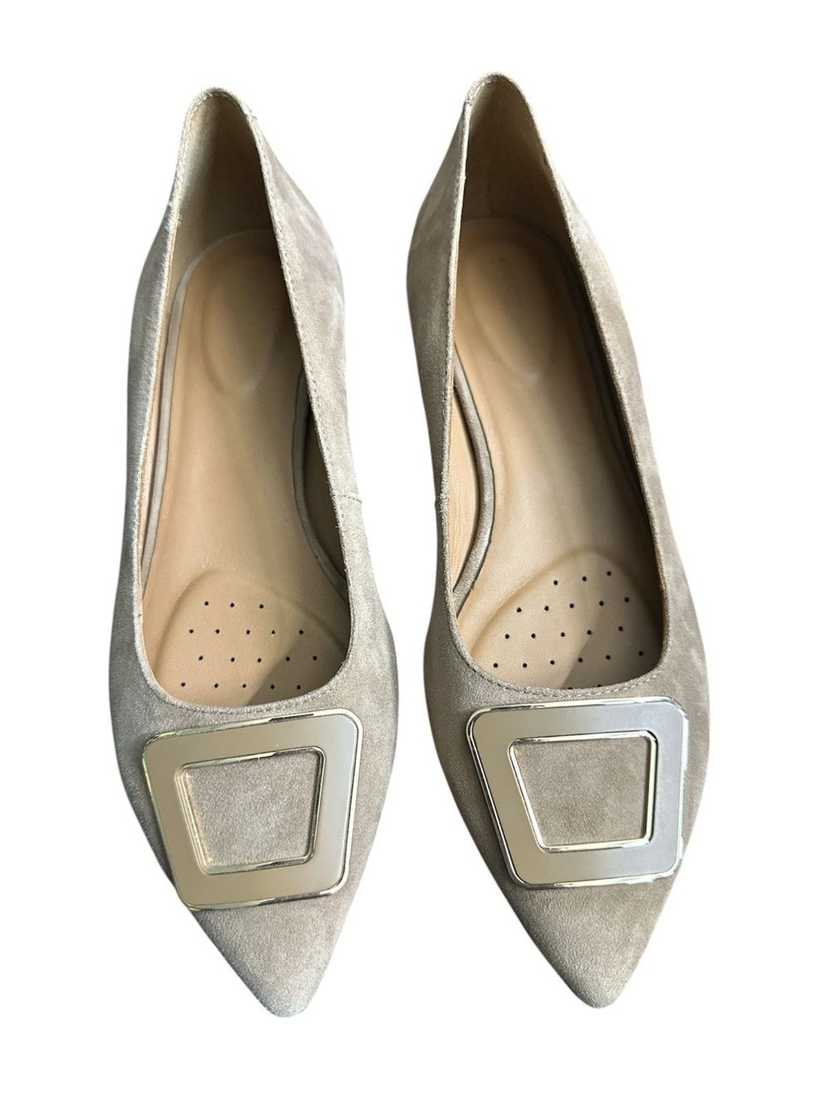 GEOX Pointed Toe Beige Brown Suede Leather Ballet Flats Accent Minimalist 38