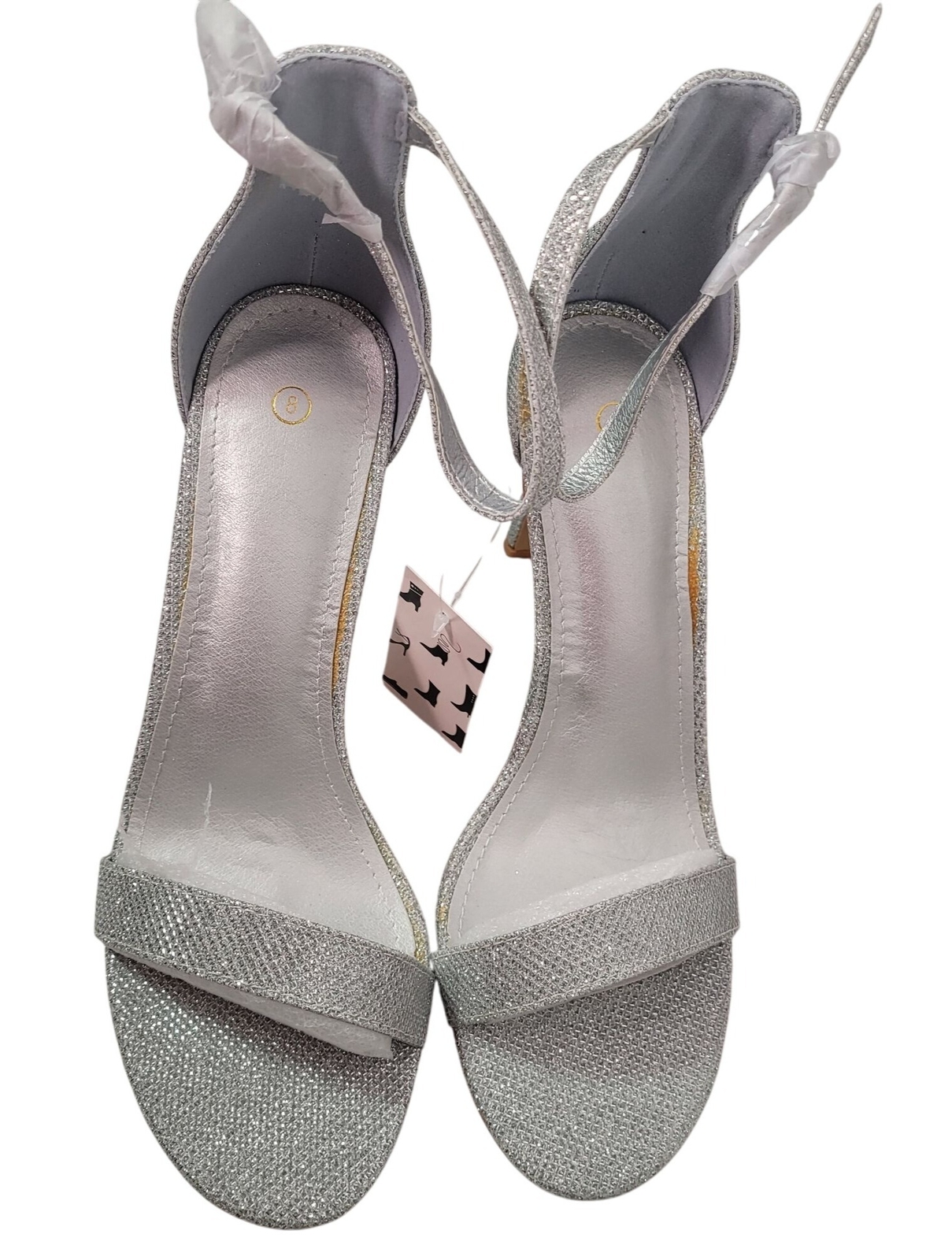 Women’s Silver Glitter Ankle Strap High Stiletto Heel Sandals Size 8