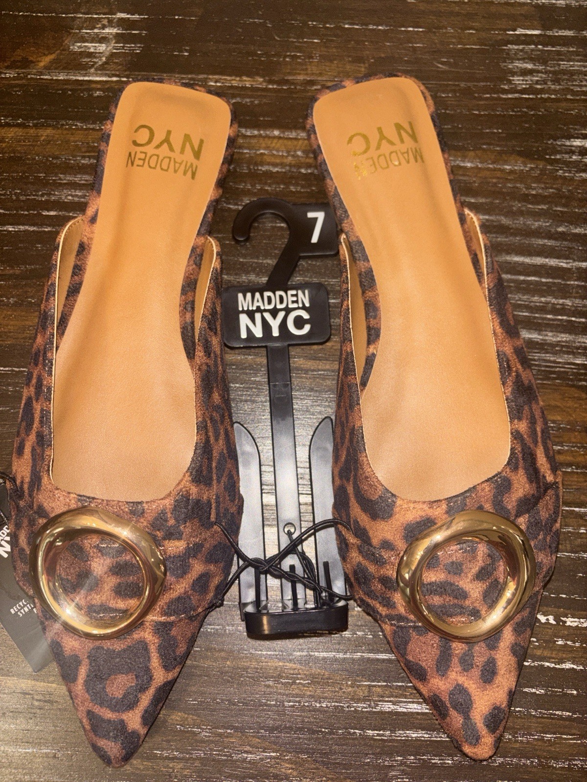 Madden NYC Mule Flats Womens 7 Leopard Print Animal Pointed Toe Gold Buckle NEW