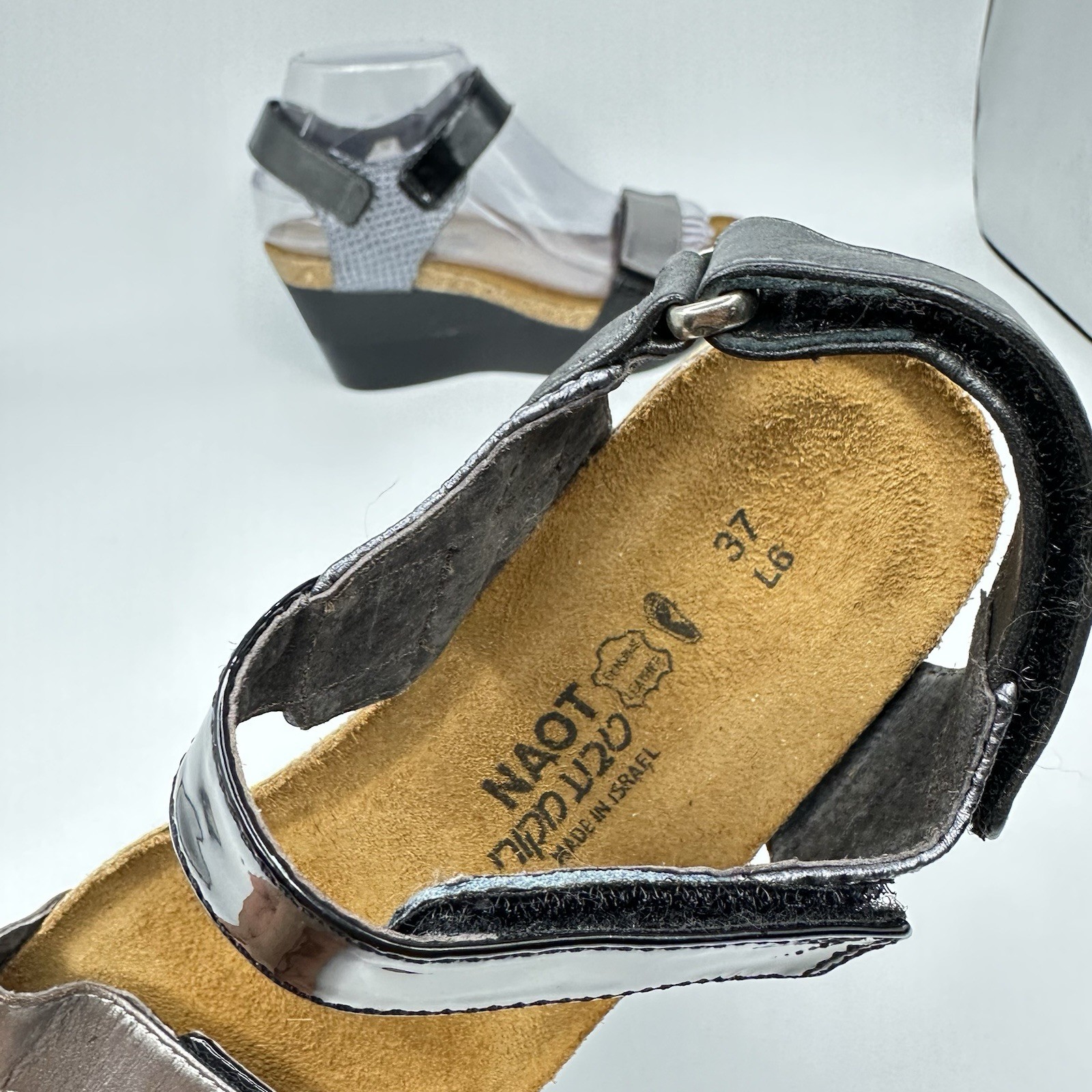 Naot-Miracle Women 6 US EUR 37 Pewter Black Cork Wedge Adj Ankle Strap