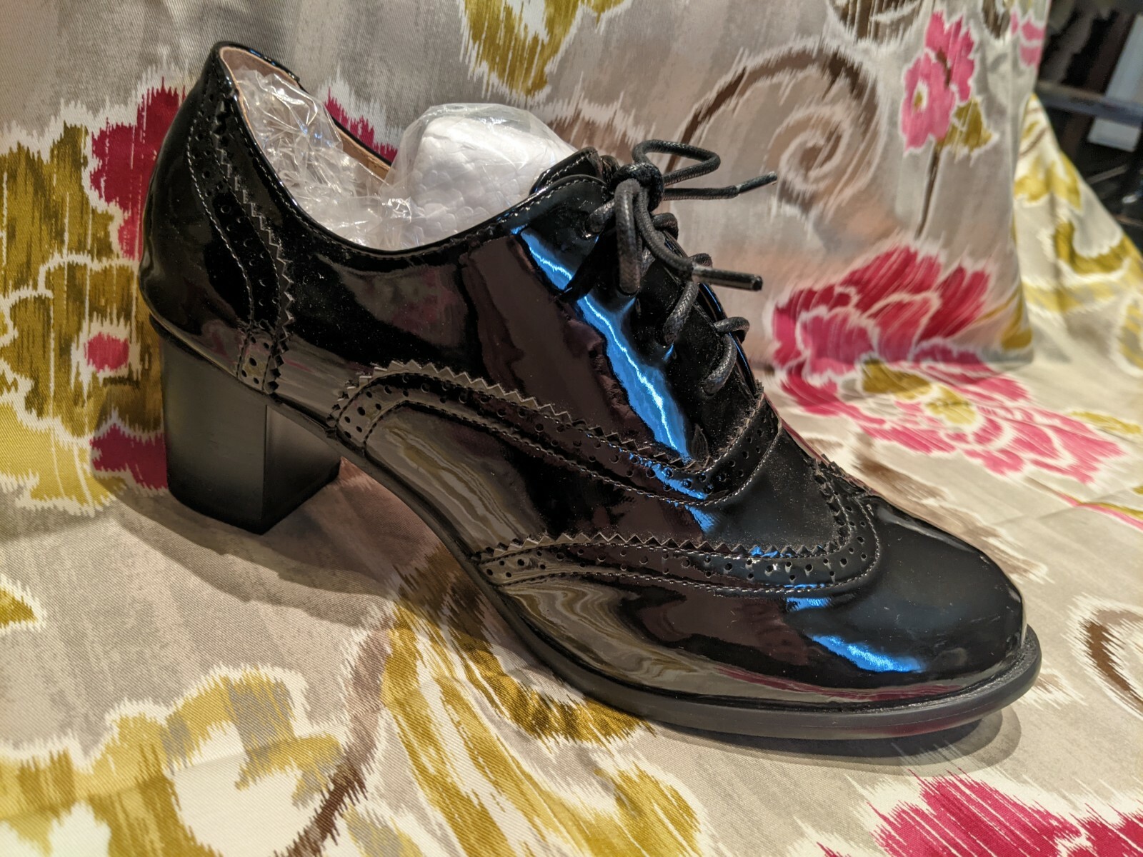 ODEMA Womens Brogue Lace Up Oxford Wing Tip Chunky Heels Patent Leather Shoes