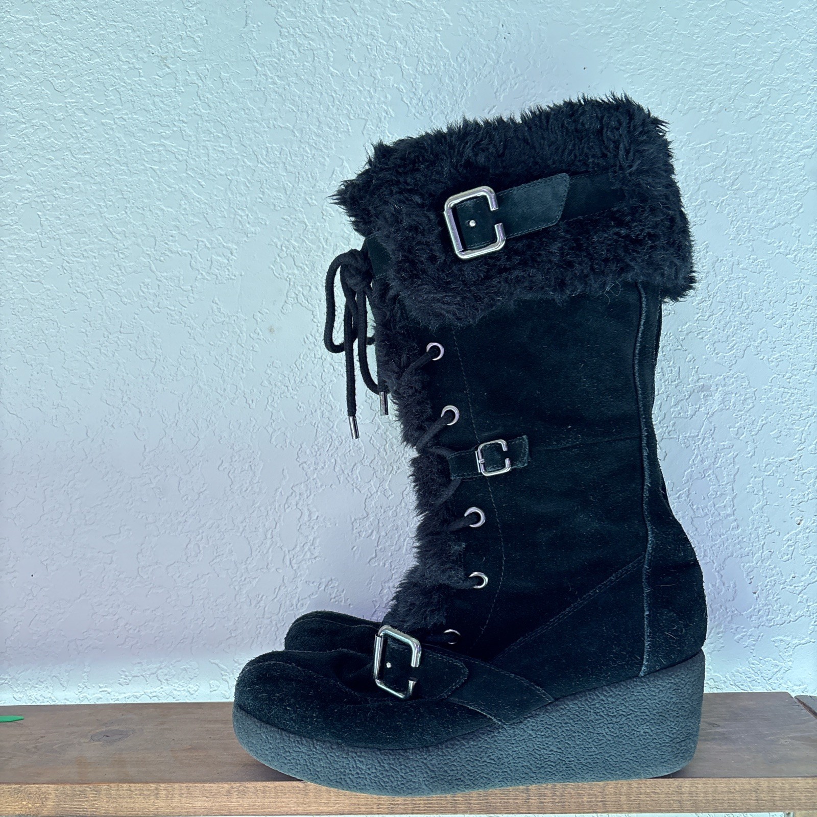 VTG REPORT EXPLORER Chunky 90s Y2K Suede Faux Fur Lace Up Boot Wedges – Sz 8.5