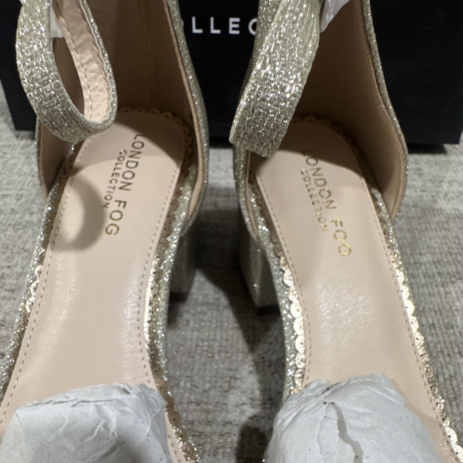 London Fog Women’s Gold Glitter Strappy Ankle Strap Block Heel Open Toe 6.5M