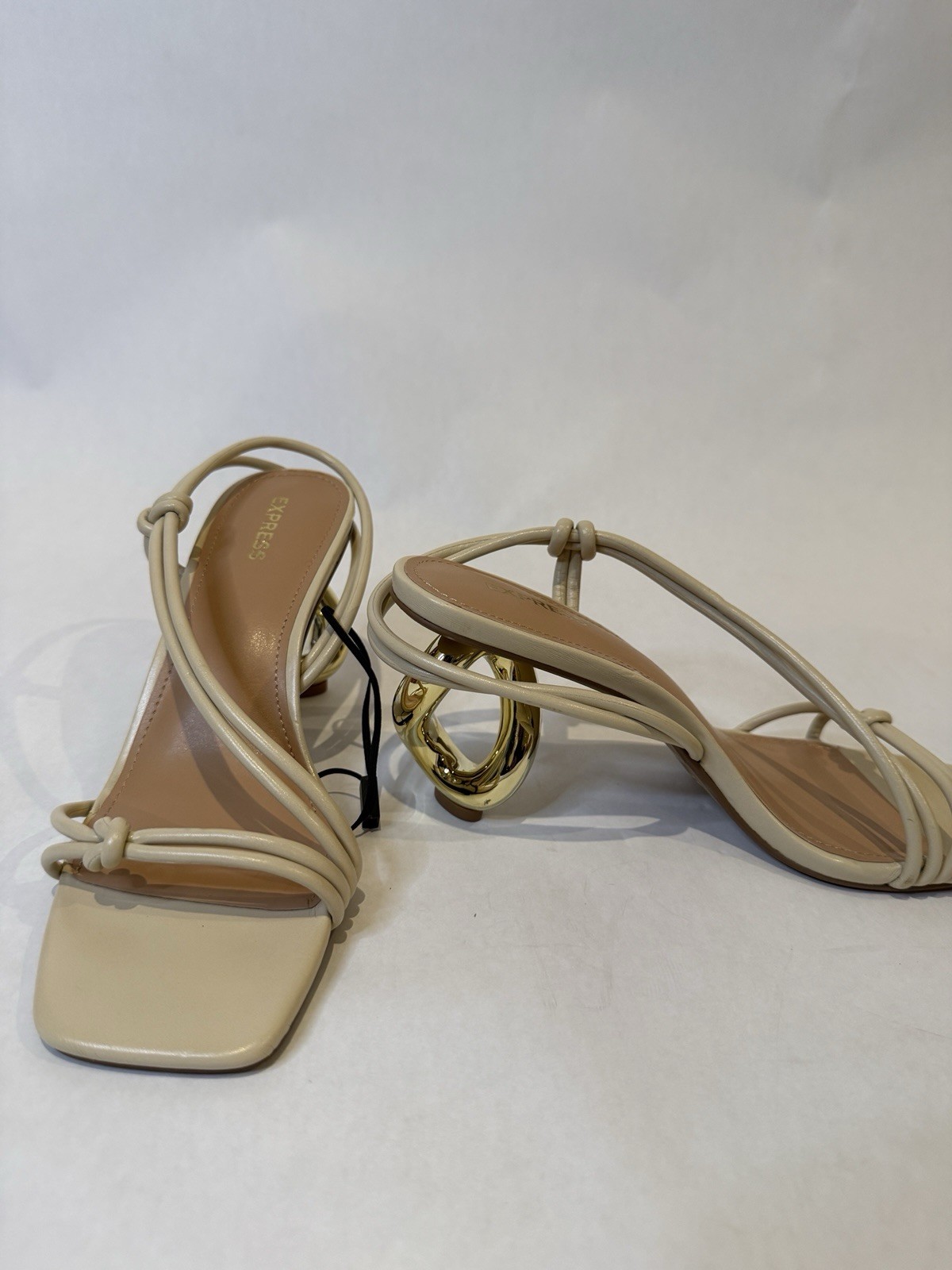 Express Women’s Strappy Slip-On Sandals Synthetic Beige/Gold Knot 8