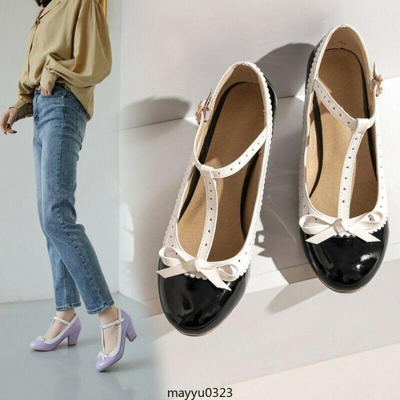 Women’s Mary Jane T-strap Bowtie Dress Lolita Mid Block Heel Pump Shoes Oversize