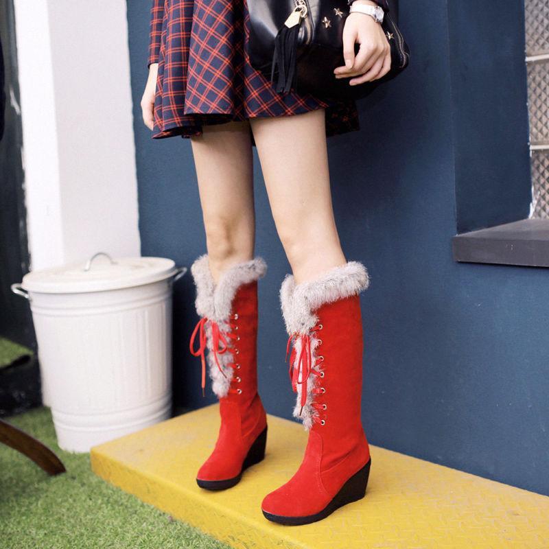 Women Snow Boots Wedges Platform Lace Up Knee High Boots Fur Trim Winter Shoes